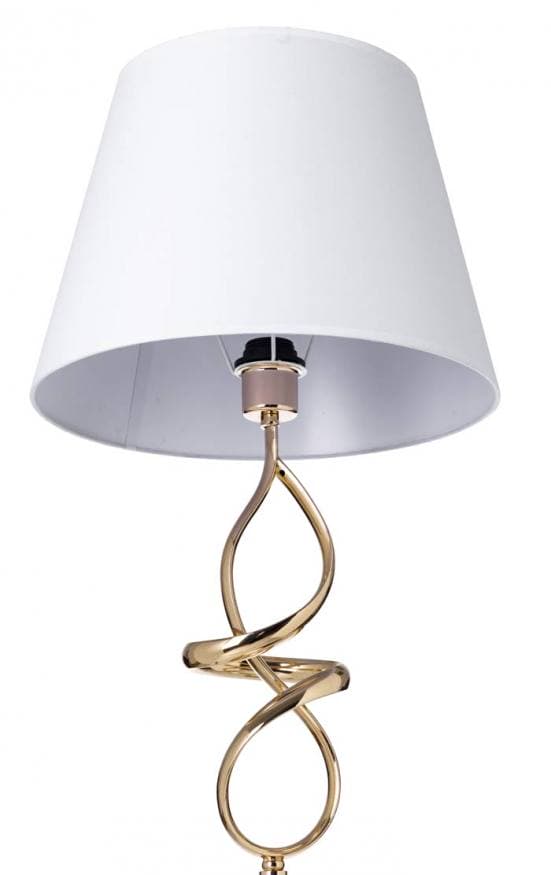 Lámpara de pie en blanco y dorado con original forma curva en la base detalle