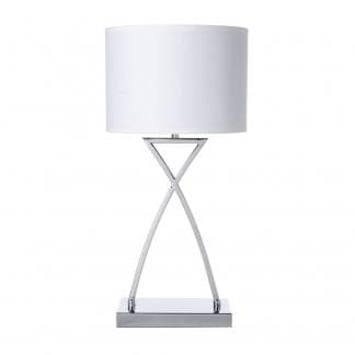 Lámpara de mesa con pantalla blanca y base plateada