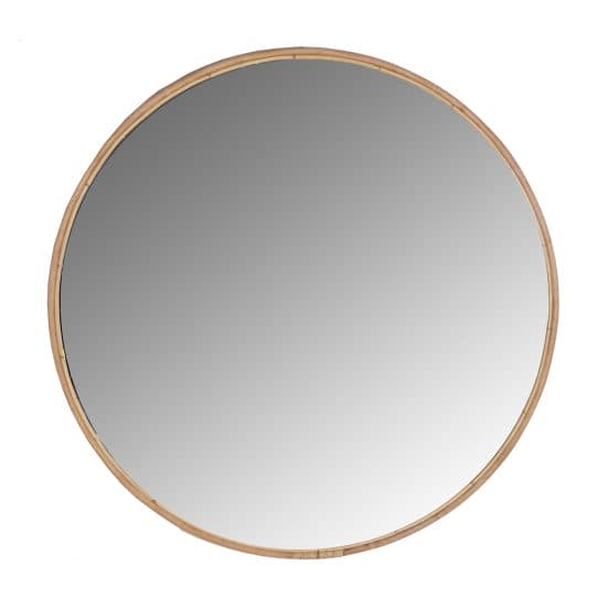 Espejo redondo, en color natural, de estilo contemporáneo. Fabricado en bambú, combinado con espejo.