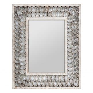 Espejo rectangular bahiri, en color gris, de estilo nórdico. Fabricado en cuerda, combinado con concha y espejo.