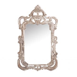 Espejo milvignes, en color blanco roto envejecido, de estilo provenzal. Fabricado en resina, combinado con espejo.