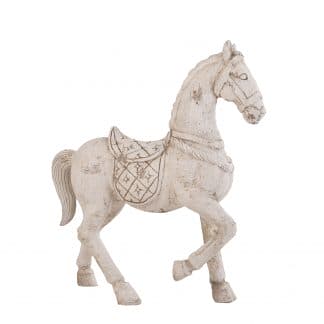 Escultura caballo, en color blanco roto envejecido, de estilo colonial. Fabricado en resina.