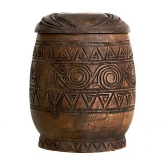 Caja redonda, en color marrón envejecido, de estilo oriental. Fabricado en madera de acacia.
