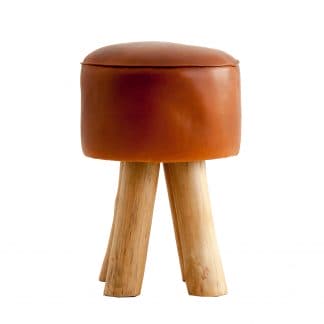 Taburete bealea, en color marrón, de estilo vintage. Fabricado en madera de acacia, combinado con piel.