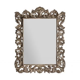 Espejo, en color plata viejo, de estilo provenzal. Fabricado en madera dm, combinado con espejo.
