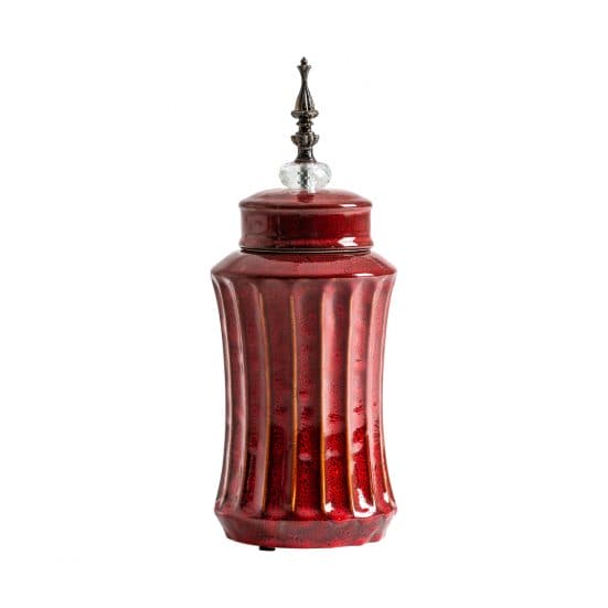 Tibor aeneas, en color rojo antic, de estilo kitsh. Fabricado en cerámica.
