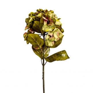 Flor hortensia, en color verde, de estilo clásico. Fabricado en plástico, combinado con poliéster.