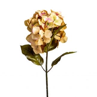 Flor hortensia, en color amarillo, de estilo clásico. Fabricado en plástico, combinado con poliéster.