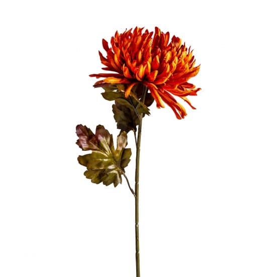 Flor crisantema, en color naranja, de estilo clásico. Fabricado en plástico, combinado con poliéster.