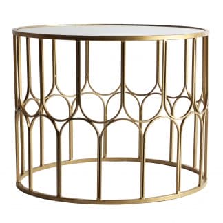 Mesa auxiliar vazia, en color oro, de estilo art deco. Fabricado en hierro, combinado con espejo y madera dm.