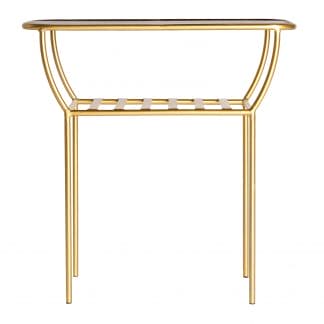 Mesa auxiliar velmej, en color oro, de estilo art deco. Fabricado en hierro, combinado con cristal. Producto desmontable.