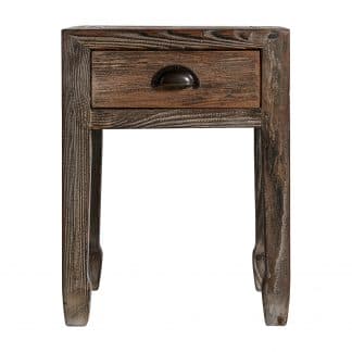 Mesa auxiliar seyne, en color marrón, de estilo colonial. Fabricado en madera de pino.
