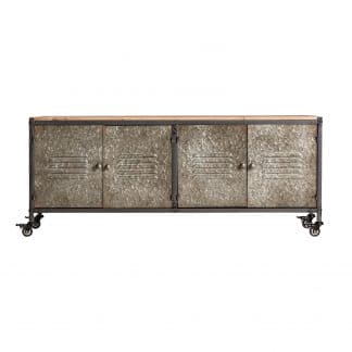 Mueble tv crieff, en color gris, de estilo industrial. Fabricado en hierro, combinado con madera de abeto. Producto desmontable.