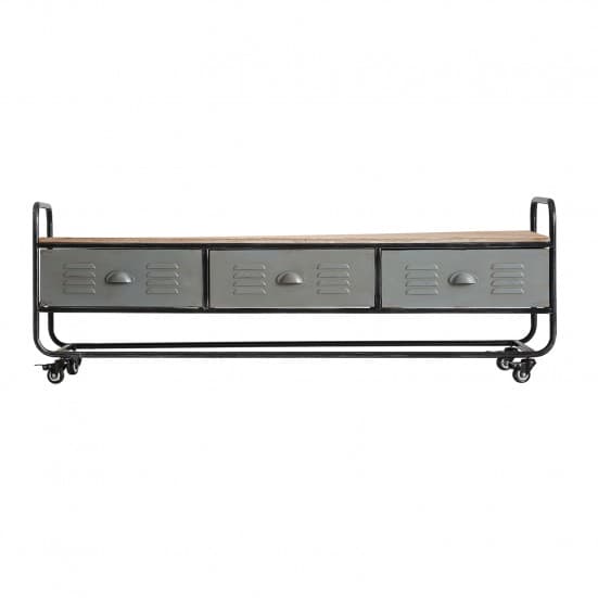 Mueble tv rectangular ostrava, en color gris oxidado, de estilo industrial. Fabricado en hierro, combinado con madera de abeto.