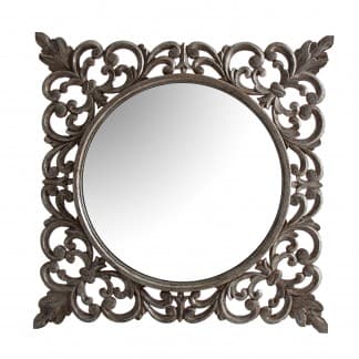 Espejo realp, en color plata envejecido, de estilo colonial. Fabricado en madera tropical, combinado con espejo.