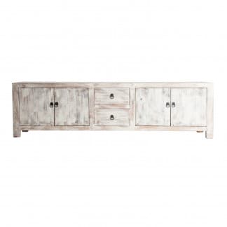 Mueble tv baratti, en color blanco roto decapado, de estilo provenzal. Fabricado en madera de pino reciclado.