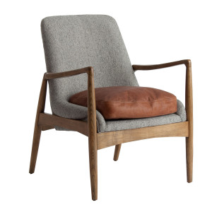 Sillón Elati de estilo vintage fabricado en madera de abeto en color gris combinado con cuero en color natural y poliéster. Producto desenfundable.