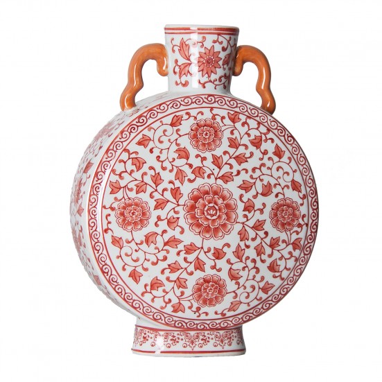 Jarrón plitz, en color rojo, de estilo oriental. Fabricado en cerámica.