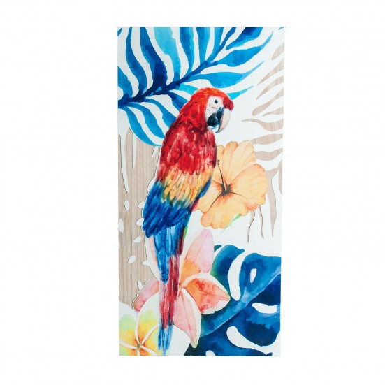 Lienzo rectangular papagayo, en color multicolor, de estilo shabby chic. Fabricado en madera de pino, combinado con lienzo.