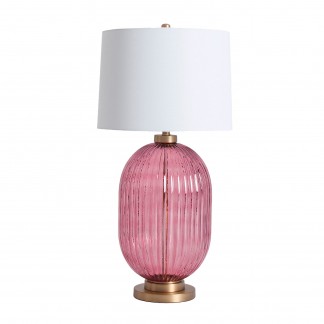 Lámpara de sobremesa, en color rosa, de estilo kitsh. Fabricado en vidrio, combinado con hierro y lino. Producto desmontable.