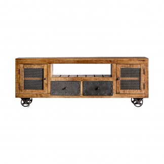 Mueble tv antrim, en color marrón, de estilo industrial. Fabricado en madera de mango, combinado con hierro. Producto desmontable.