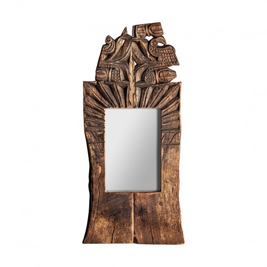 Espejo surt 3 kuhal, en color natural tallado, de estilo étnico. Fabricado en madera de mango, combinado con espejo.