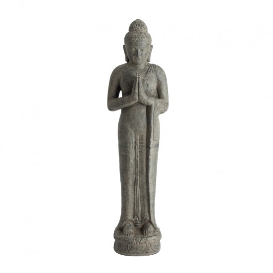 Escultura budha, en color gris envejecido, de estilo oriental. Fabricado en piedra.