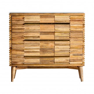 Cómoda plissé wood, en color natural, de estilo art deco. Fabricado en madera de mango, combinado con mármol y hierro.