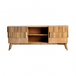 Mueble tv plissé wood, en color natural, de estilo art deco. Fabricado en madera de mango, combinado con mármol y hierro. Producto desmontable.