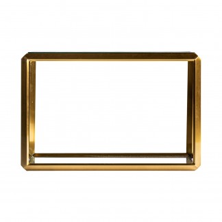 Mesa de centro pronsfeld, en color oro brillo, de estilo art deco. Fabricado en acero, combinado con vidrio. Vidrio transparente.