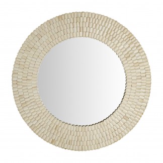 Espejo, en color blanco, de estilo art deco. Fabricado en madera dm, combinado con hueso y espejo.