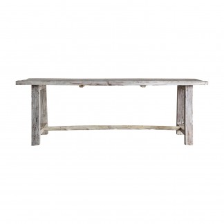 Mesa comedor rectangular milna, en color blanco envejecido, de estilo étnico. Fabricado en madera mahogani. Producto desmontable.