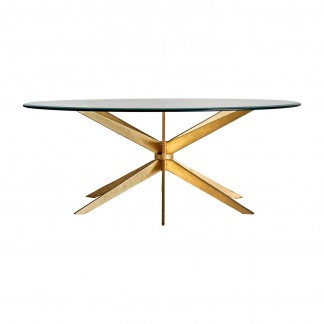 Mesa de centro lauw, en color oro, de estilo art deco. Fabricado en hierro, combinado con vidrio. Producto desmontable.