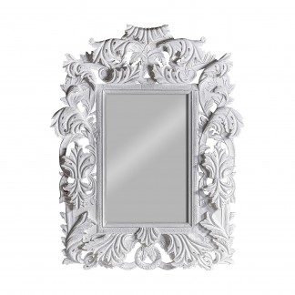 Espejo dianthe, en color blanco roto envejecido, de estilo provenzal. Fabricado en madera de teka, combinado con espejo.