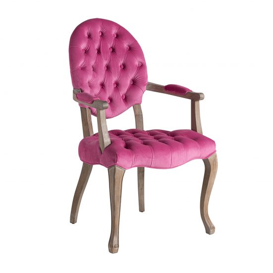 Silla jena, en color rosa, de estilo provenzal. Fabricado en madera de abeto, combinado con terciopelo y espuma.