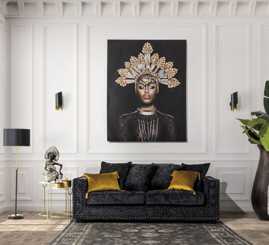 oro artesanal, de estilo oriental. Fabricado en lienzo, combinado con madera de pino.