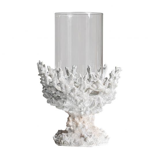 Portavela arrecife, en color blanco, de estilo nórdico. Fabricado en resina, combinado con cristal.