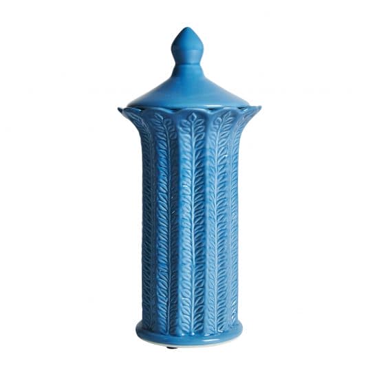 Tibor zaea, en color azul, de estilo contemporáneo. Fabricado en cerámica.