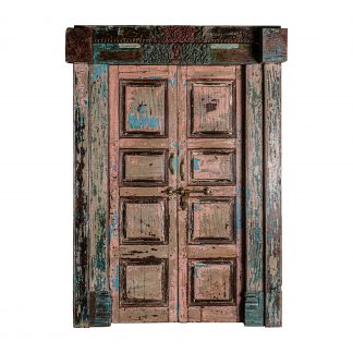 Puerta fanya, en color tonos de azul envejecido, de estilo étnico. Fabricado en madera de teka.