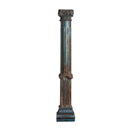 Columna calyce, en color tonos de azul envejecido, de estilo étnico. Fabricado en madera de teka.