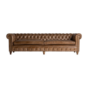 Sofá Elkins de estilo vintage fabricado en piel en color marrón combinado con madera de pino.