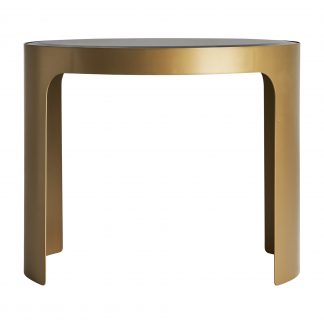 Mesa de centro dijon, en color oro, de estilo art deco. Fabricado en hierro, combinado con cristal.