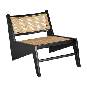 Sillón seon de estilo contemporáneo fabricado en madera de olmo en color negro combinado con ratán en color marrón claro.