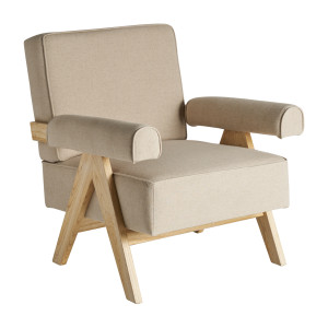 Sillón jonen de estilo colonial fabricado en madera de olmo en color marrón claro combinado con lino en color beige.