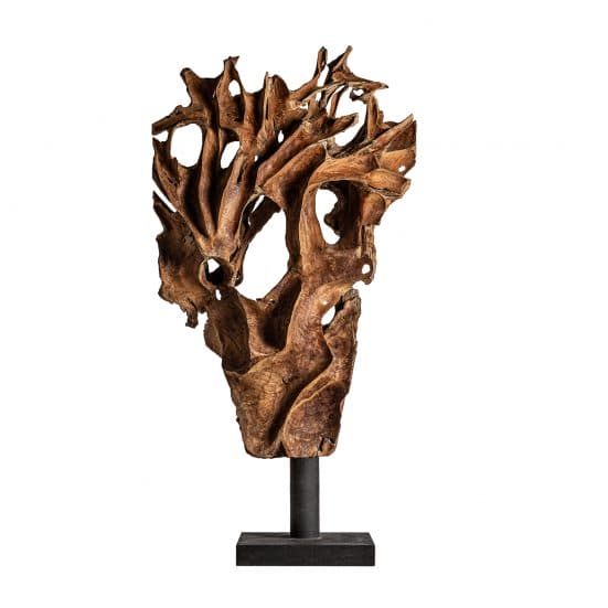 Escultura pie rimini, en color natural envejecido, de estilo étnico. Fabricado en madera de teka, combinado con hierro.