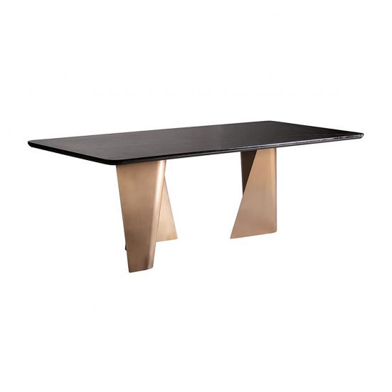 Mesa comedor tux de estilo art deco fabricado en porcelánico en color marrón combinado con acero en color cobre. Producto desmontable.