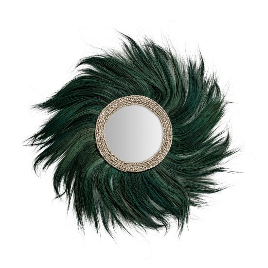 Espejo sinko, en color verde, de estilo étnico. Fabricado en fibra natural, combinado con espejo.