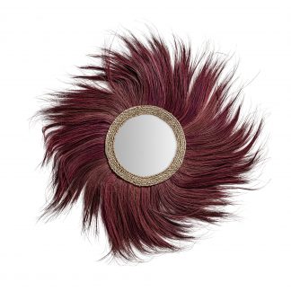 Espejo sinko, en color rojo, de estilo étnico. Fabricado en fibra natural, combinado con espejo.