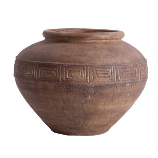 Tinaja amantha, en color marrón envejecido, de estilo oriental. Fabricado en terracota.