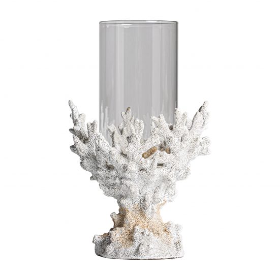 Portavela arrecife, en color blanco, de estilo nórdico. Fabricado en resina, combinado con cristal.